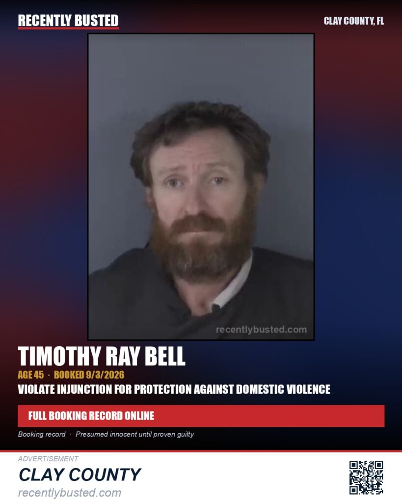 TIMOTHY RAY BELL — arrest record card, Clay County, Florida