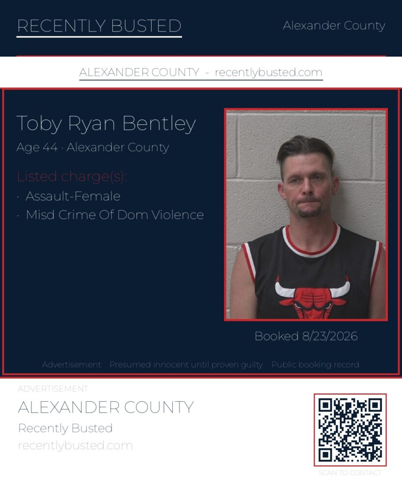 TOBY RYAN BENTLEY — arrest record card, Alexander County, North Carolina