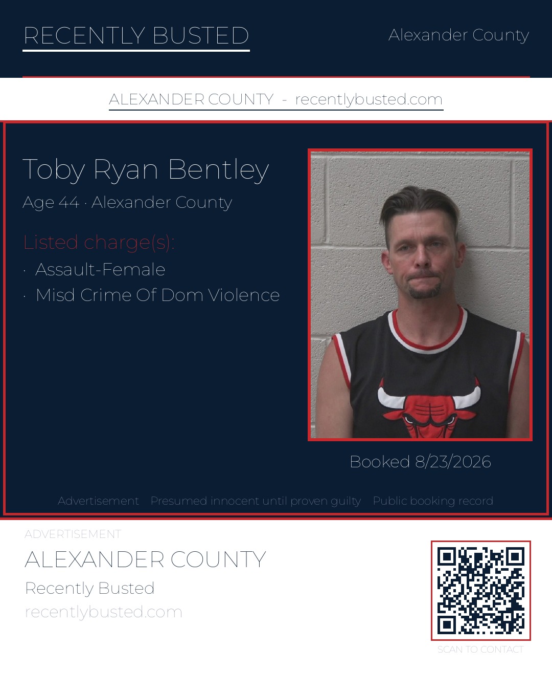 TOBY RYAN BENTLEY — arrest record card, Alexander County, North Carolina