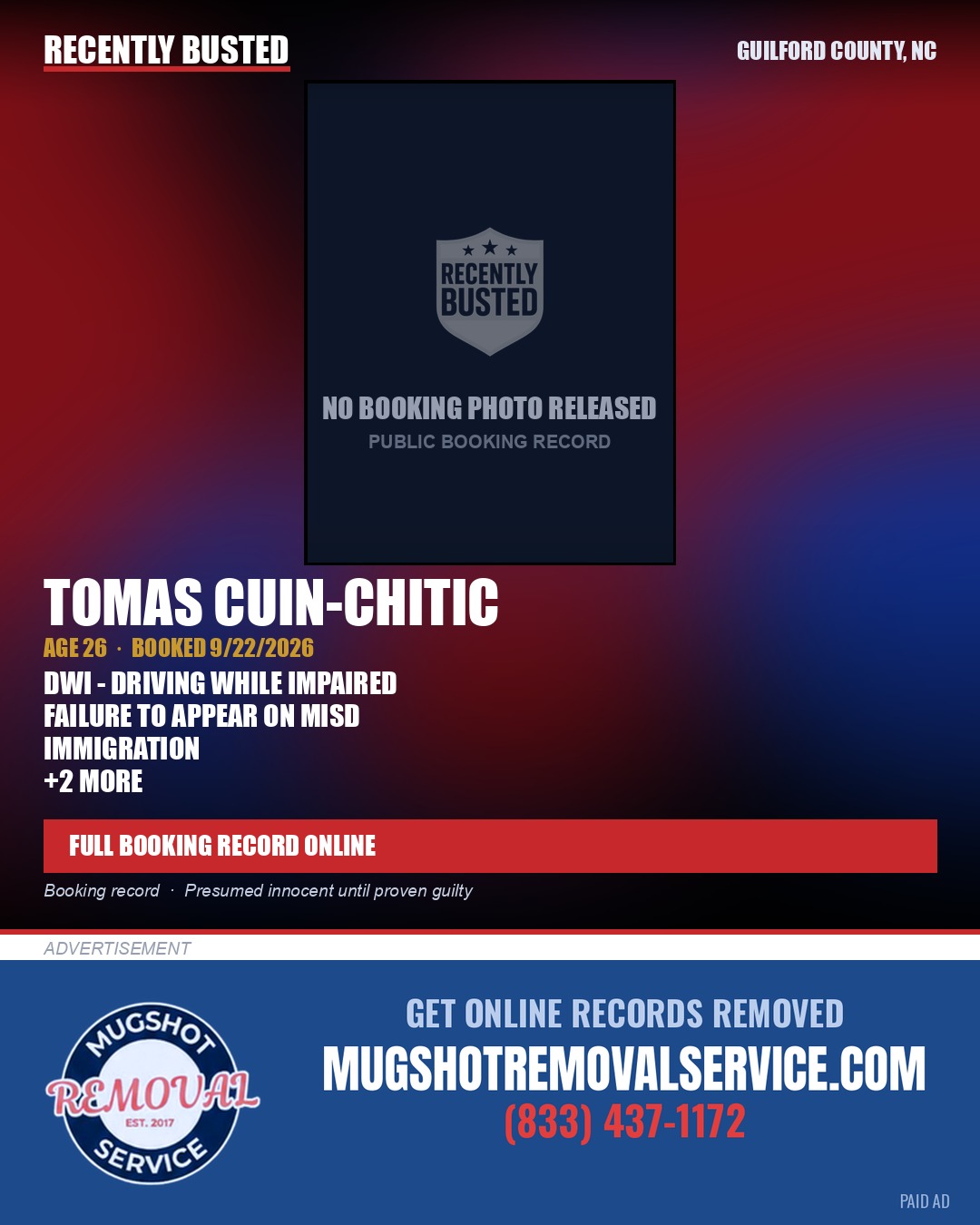 TOMAS CUIN-CHITIC — arrest record card, Guilford County, North Carolina