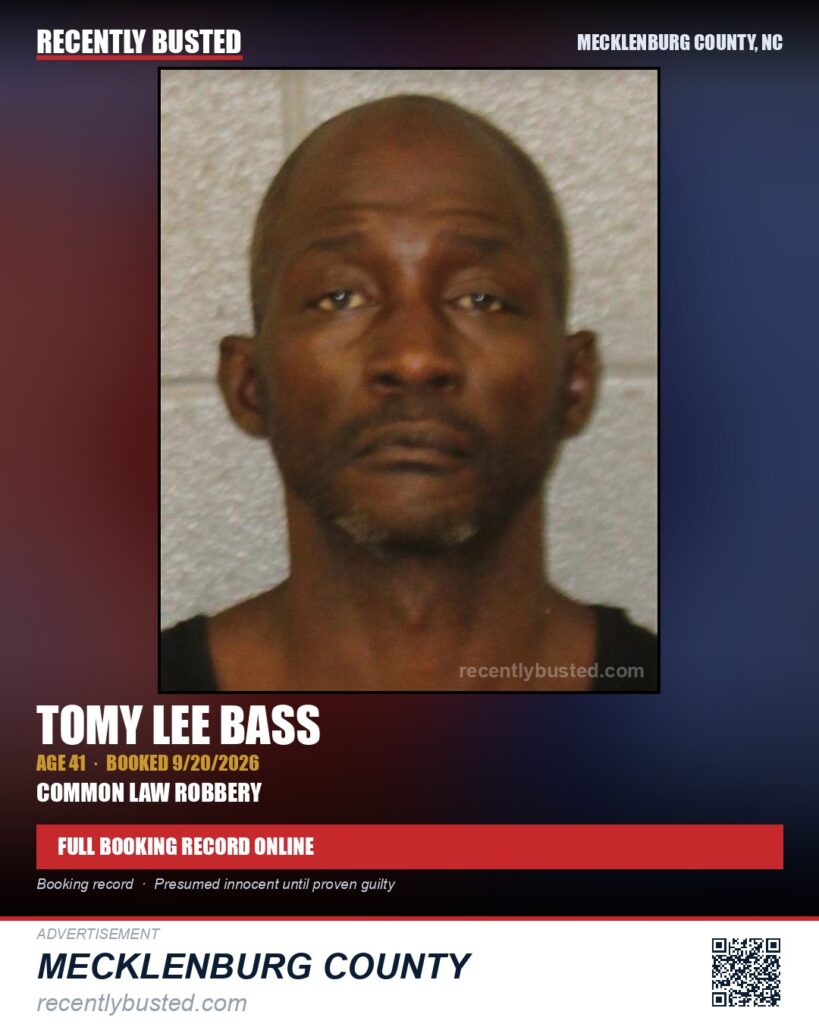 TOMY LEE BASS — arrest record card, Mecklenburg County, North Carolina