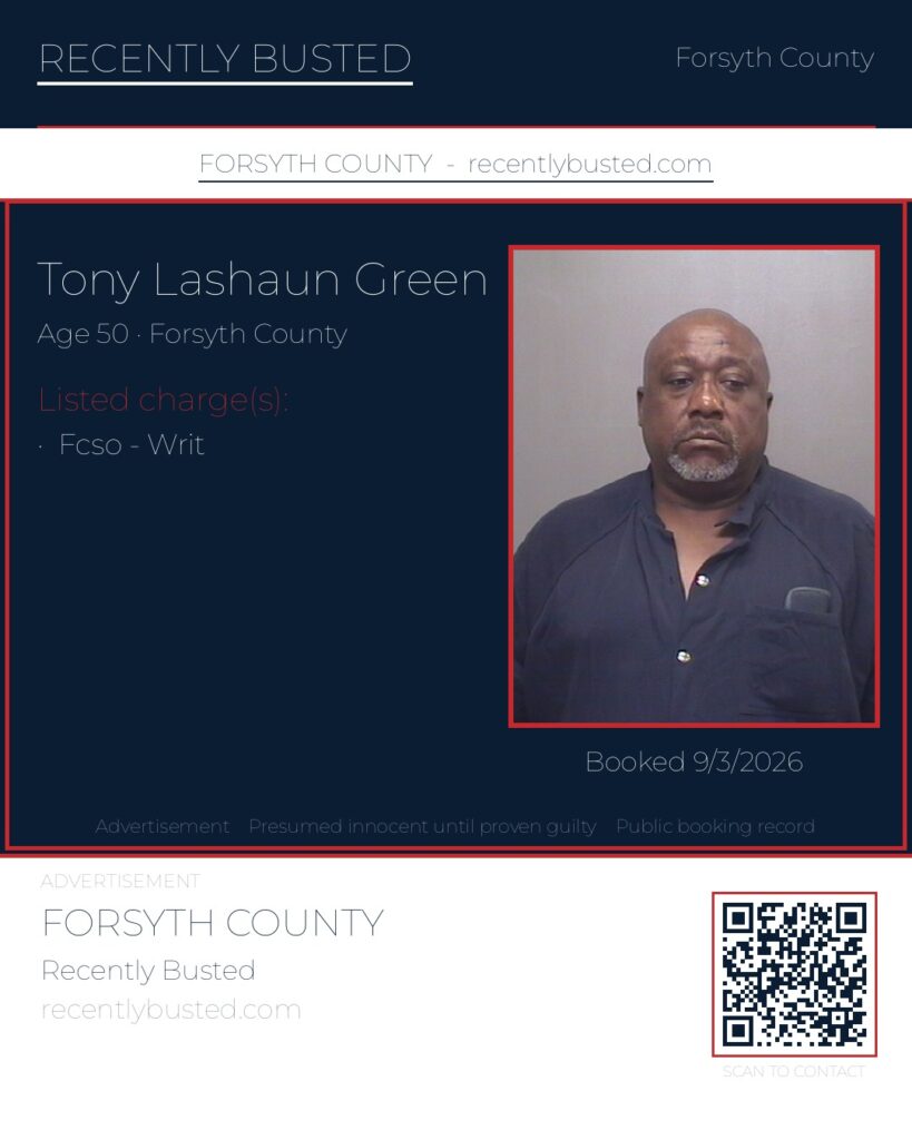 TONY LASHAUN GREEN — arrest record card, Forsyth County, North Carolina