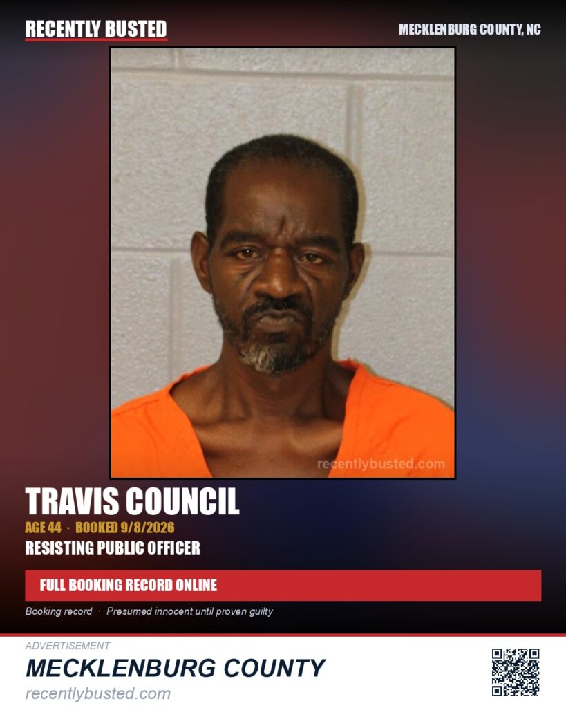 TRAVIS COUNCIL — arrest record card, Mecklenburg County, North Carolina