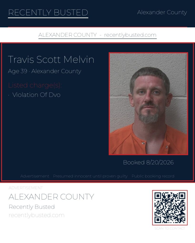 TRAVIS SCOTT MELVIN — arrest record card, Alexander County, North Carolina