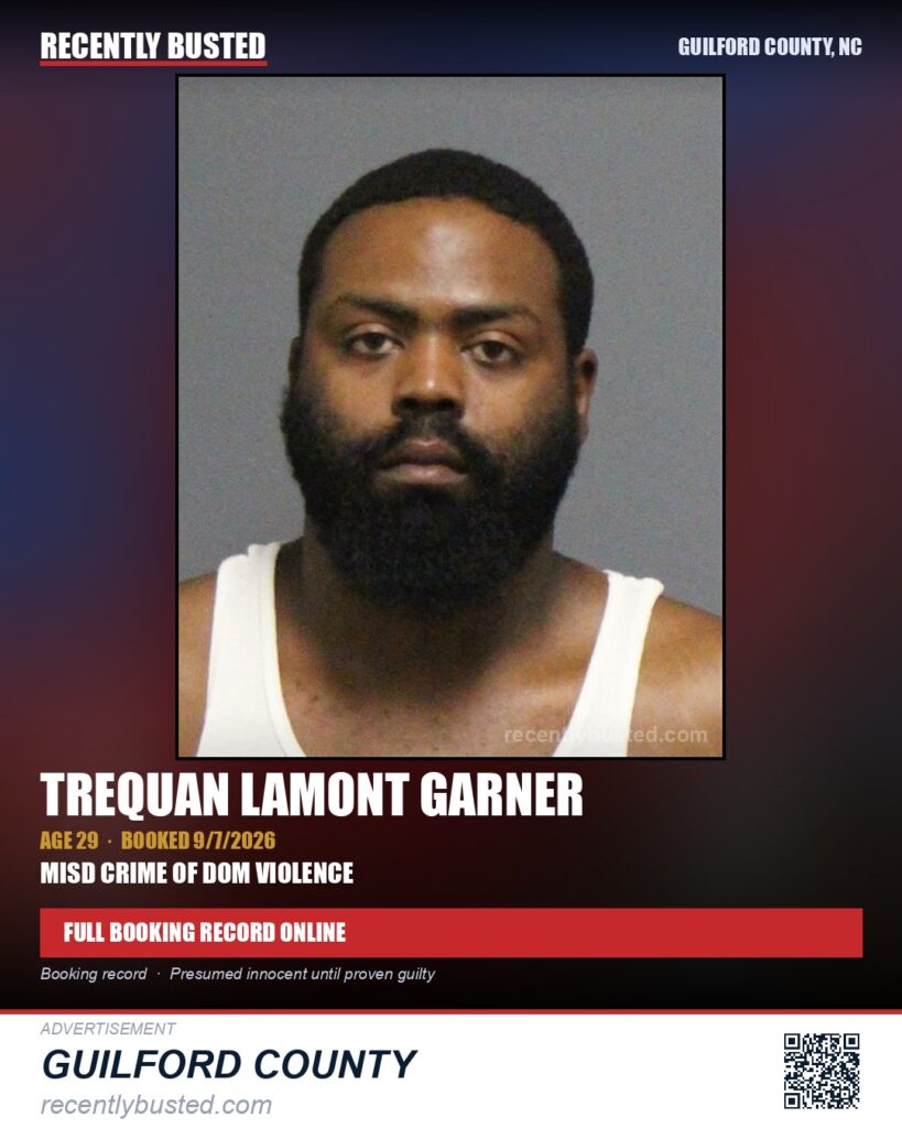 TREQUAN LAMONT GARNER — arrest record card, Guilford County, North Carolina