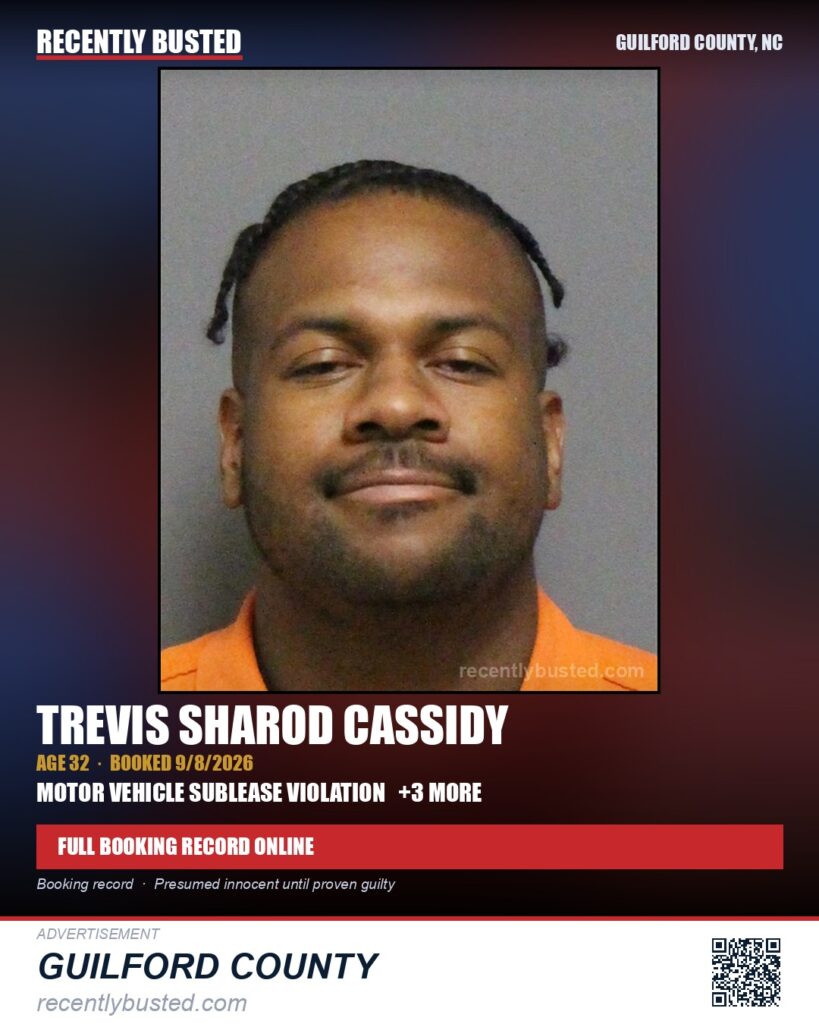 TREVIS SHAROD CASSIDY — arrest record card, Guilford County, North Carolina