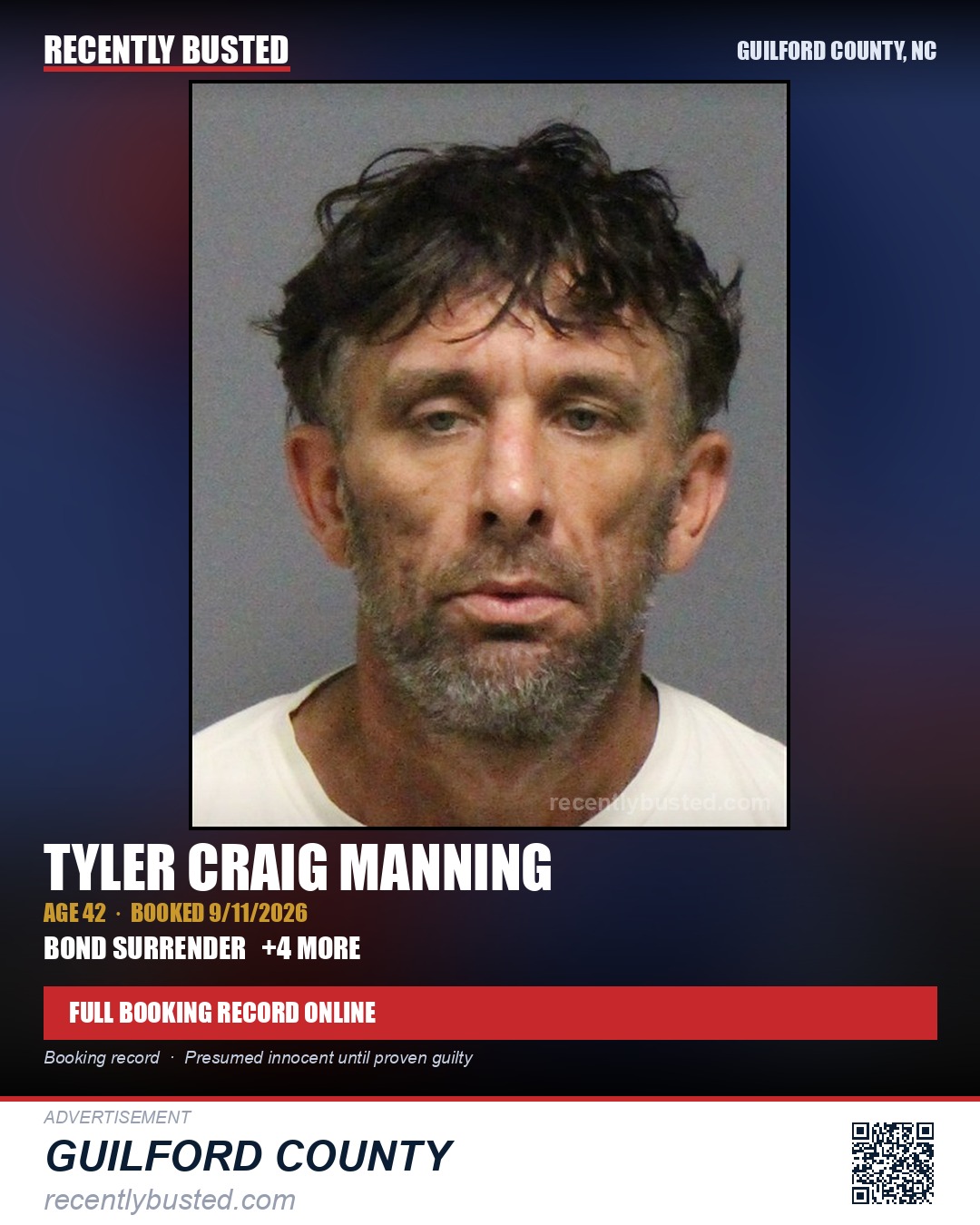 TYLER CRAIG MANNING — arrest record card, Guilford County, North Carolina