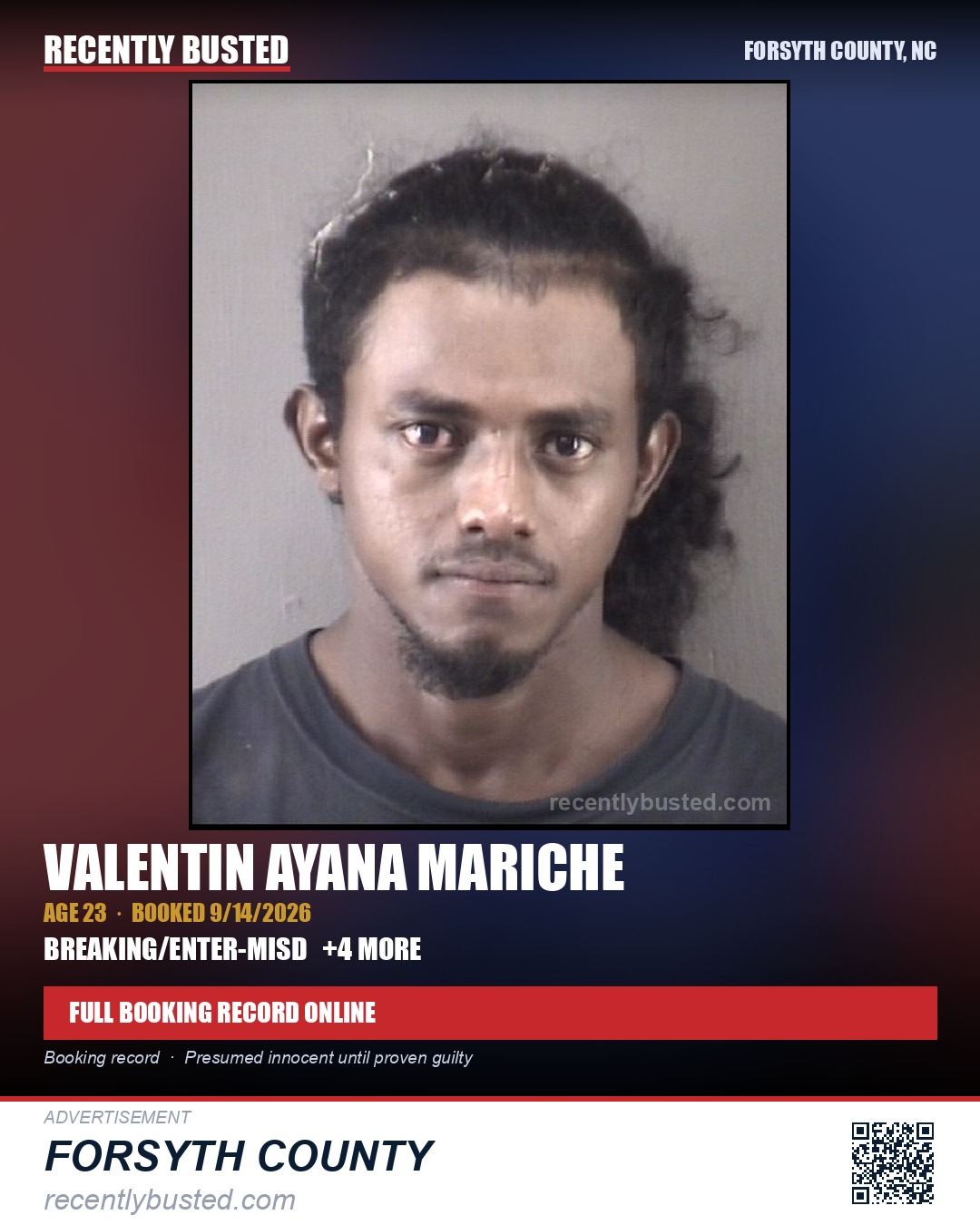 VALENTIN AYANA MARICHE — arrest record card, Forsyth County, North Carolina