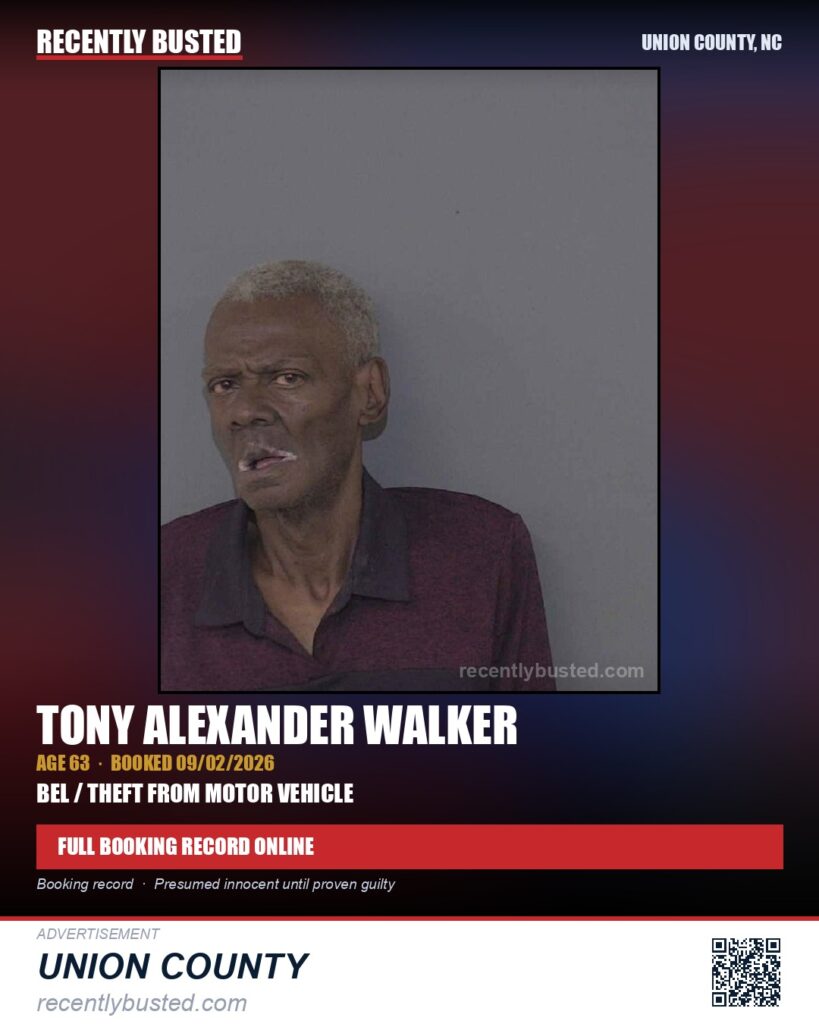 WALKER, TONY ALEXANDER — arrest record card, Union County, North Carolina