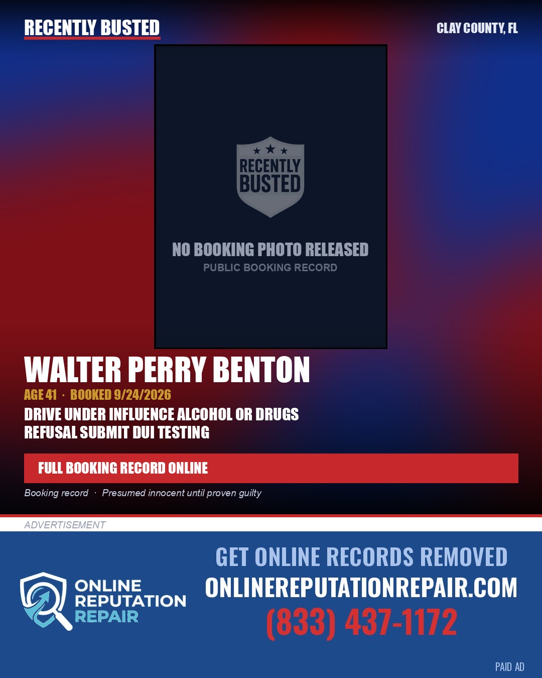 WALTER PERRY BENTON — arrest record card, Clay County, Florida