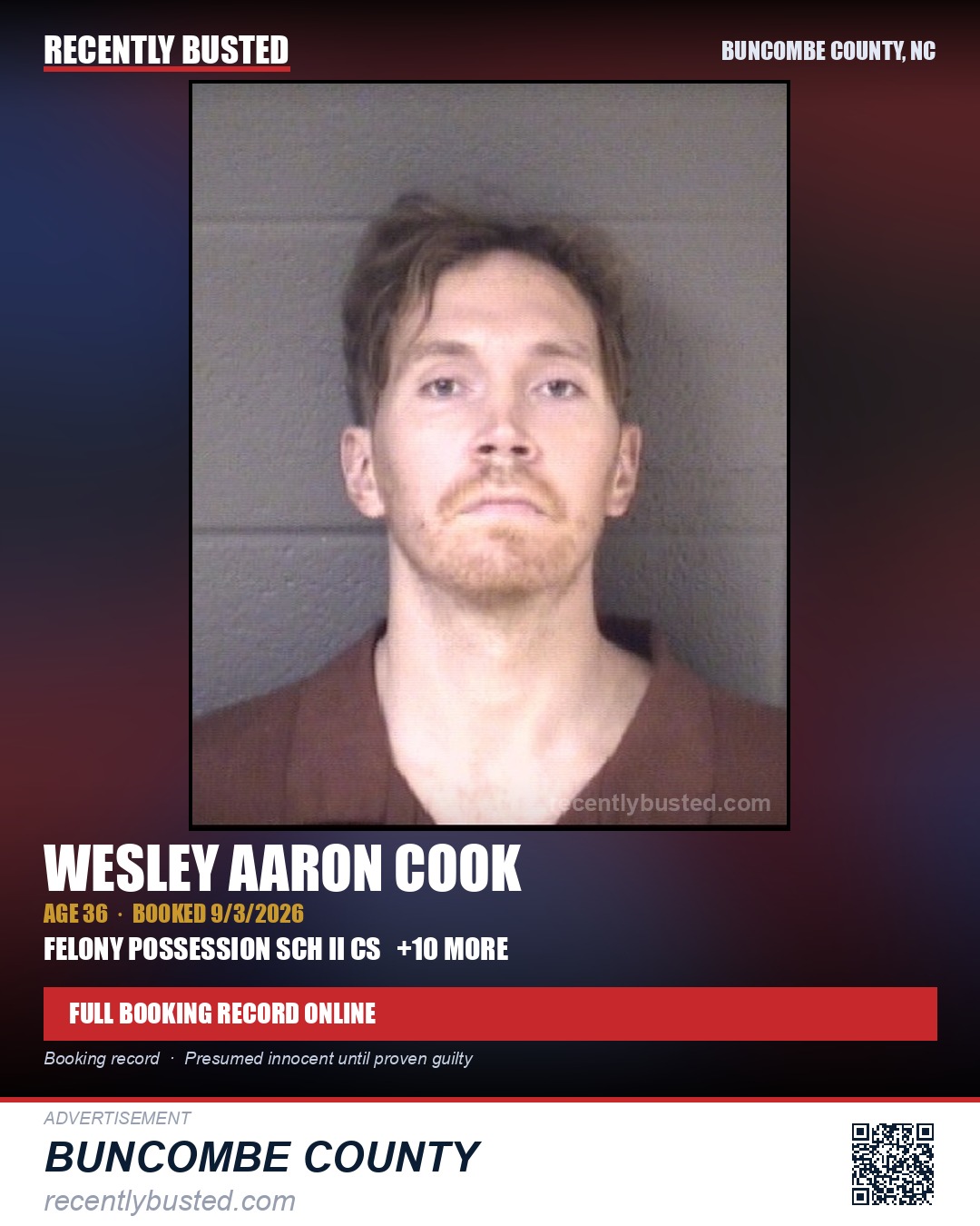 WESLEY AARON COOK — arrest record card, Buncombe County, North Carolina