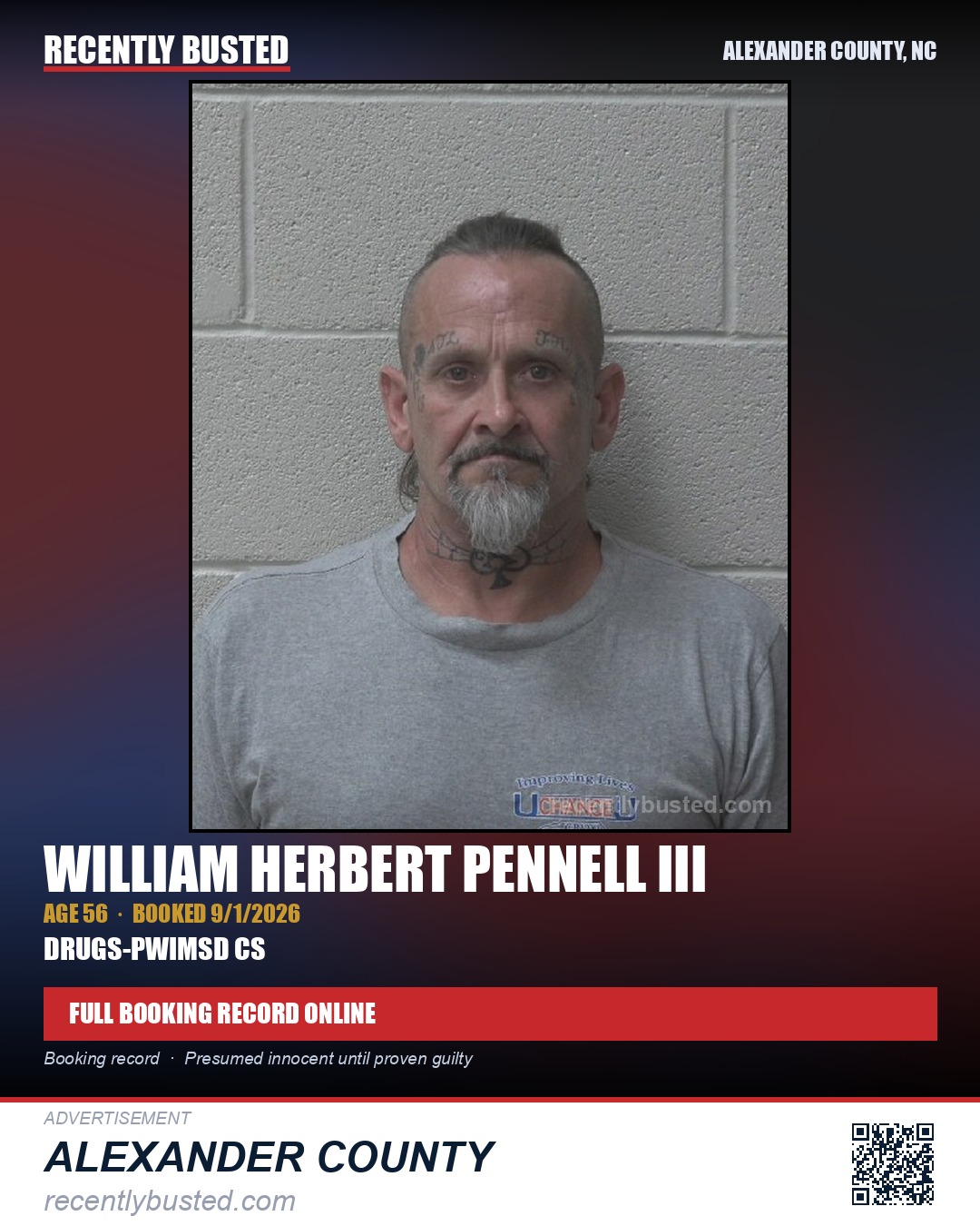 WILLIAM HERBERT PENNELL III — arrest record card, Alexander County, North Carolina