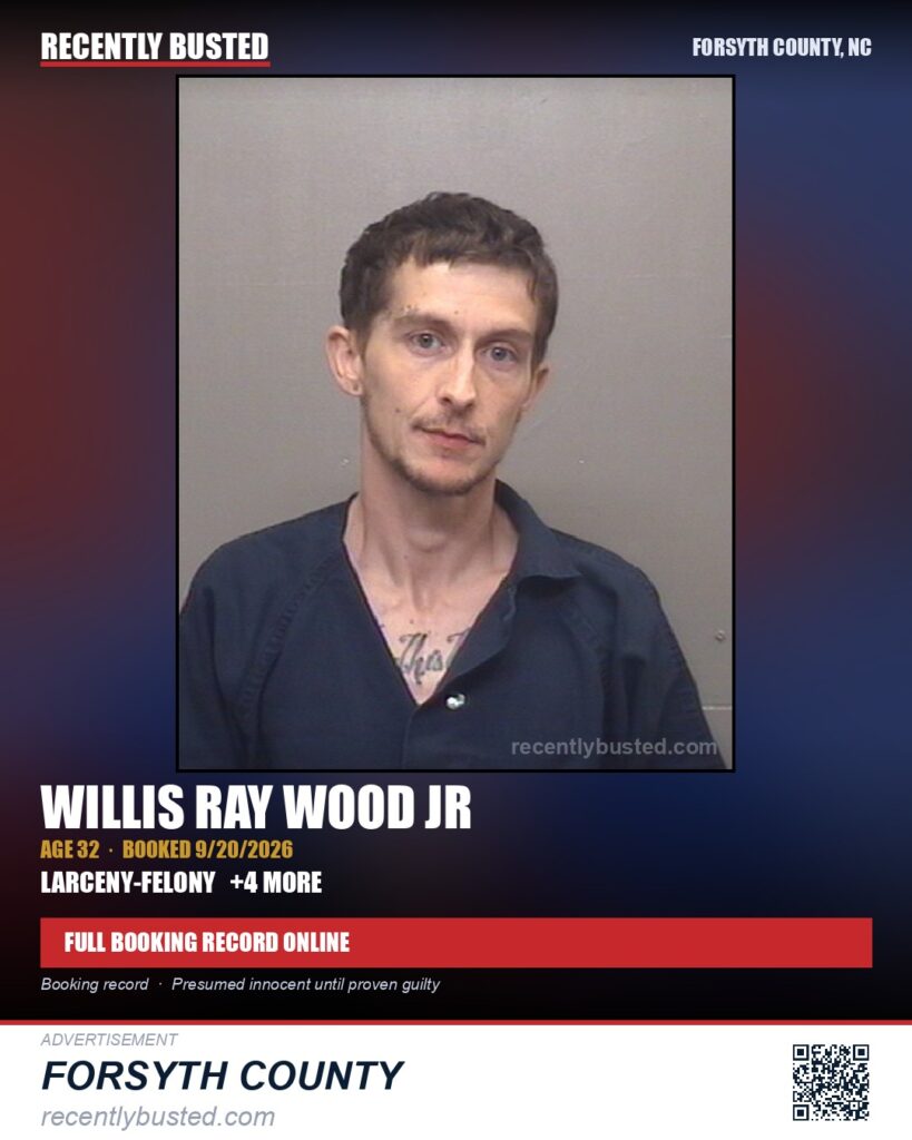 WILLIS RAY WOOD JR — arrest record card, Forsyth County, North Carolina