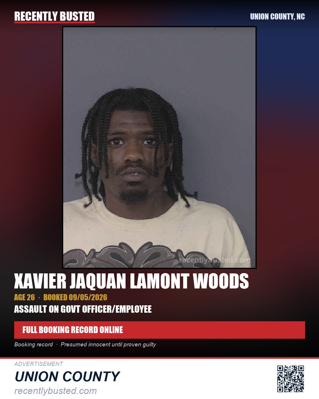 WOODS, XAVIER JAQUAN LAMONT — arrest record card, Union County, North Carolina