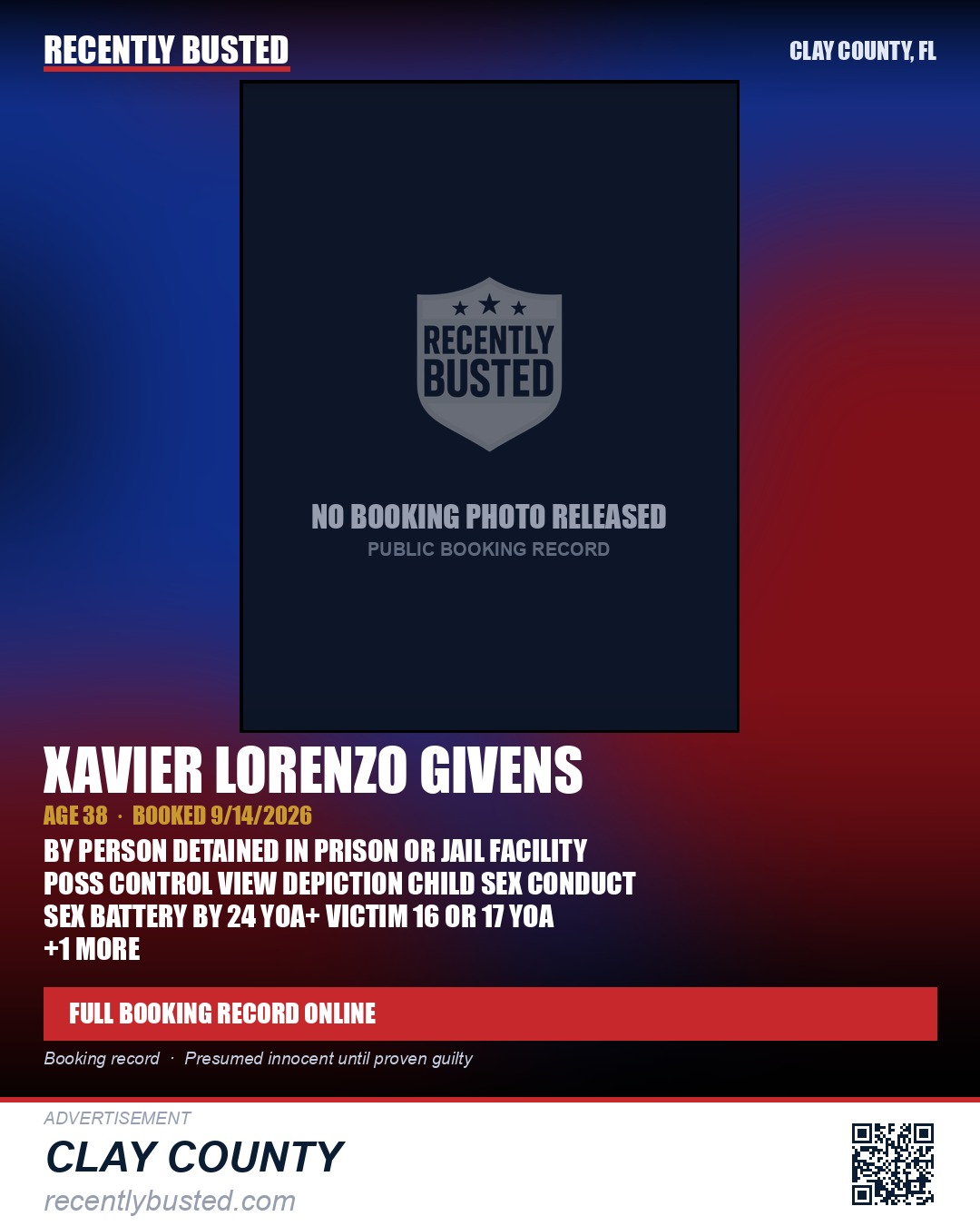 XAVIER LORENZO GIVENS — arrest record card, Clay County, Florida