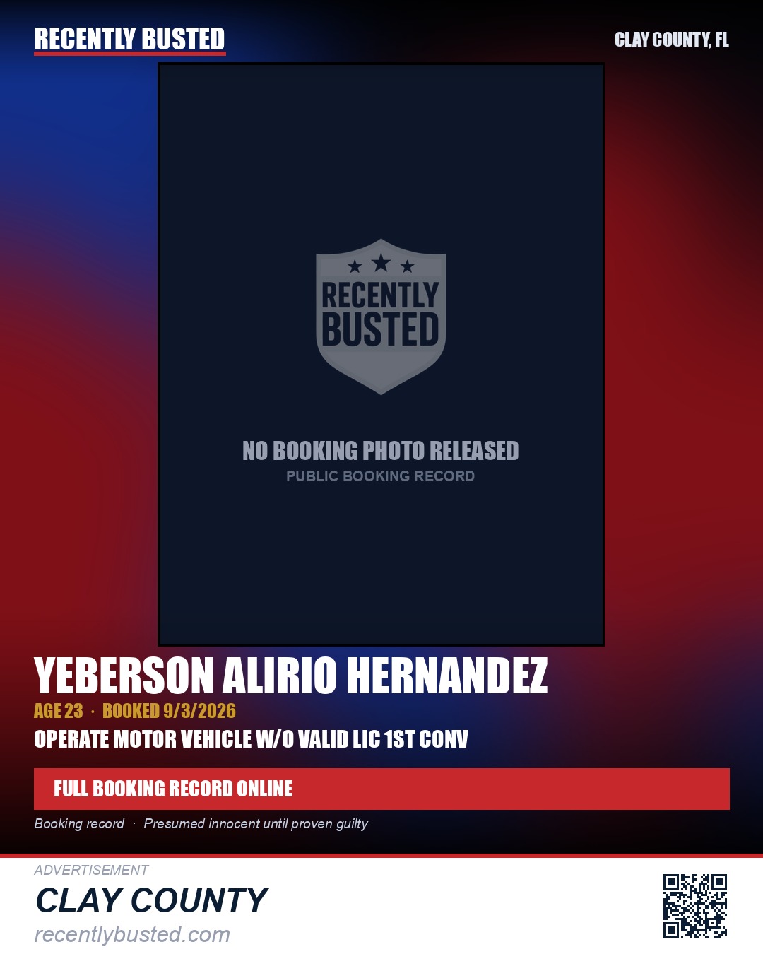 YEBERSON ALIRIO HERNANDEZ — arrest record card, Clay County, Florida