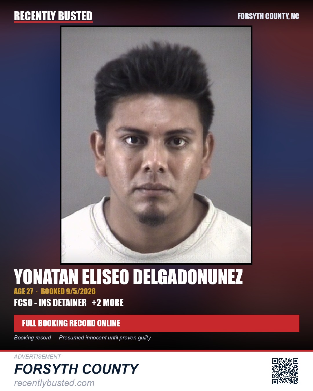 YONATAN ELISEO DELGADONUNEZ — arrest record card, Forsyth County, North Carolina