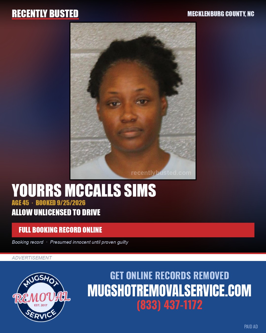YOURRS MCCALLS SIMS — arrest record card, Mecklenburg County, North Carolina