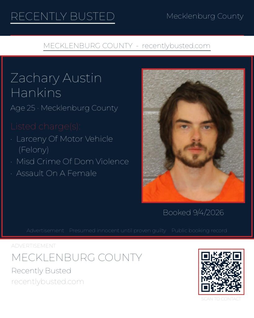 ZACHARY AUSTIN HANKINS — arrest record card, Mecklenburg County, North Carolina