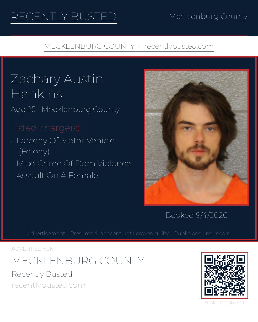 ZACHARY AUSTIN HANKINS — arrest record card, Mecklenburg County, North Carolina