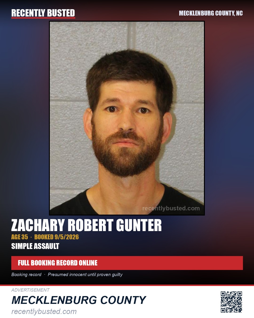 ZACHARY ROBERT GUNTER — arrest record card, Mecklenburg County, North Carolina