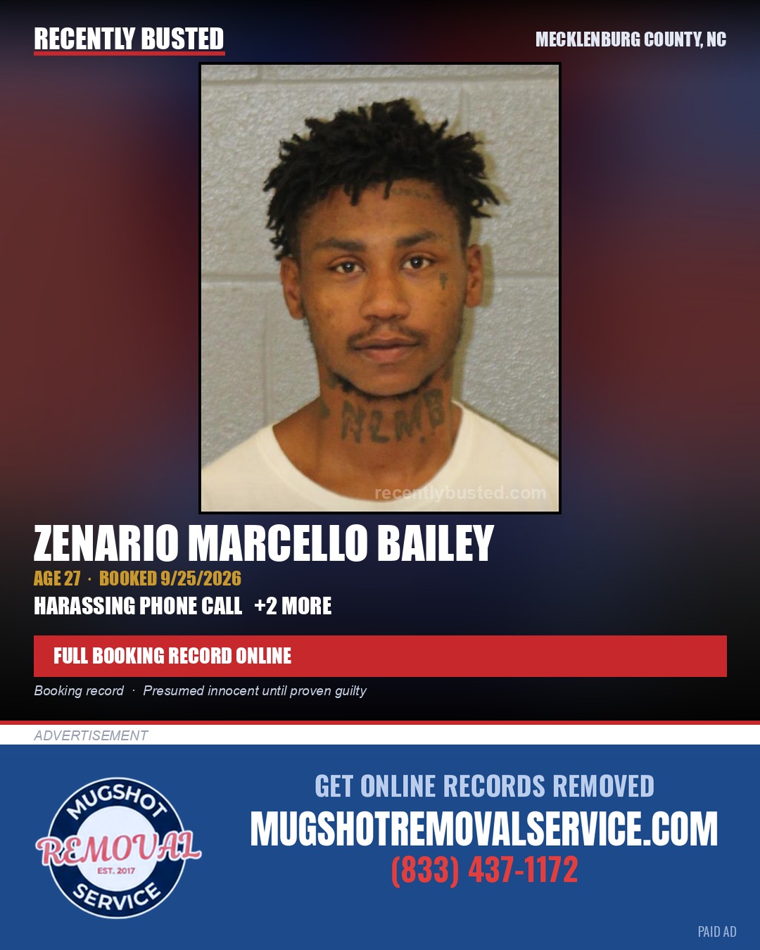 ZENARIO MARCELLO BAILEY — arrest record card, Mecklenburg County, North Carolina