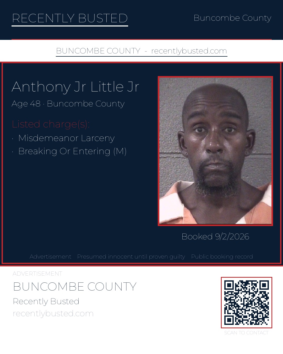 ANTHONY JR LITTLE JR — arrest record card, Buncombe County, North Carolina
