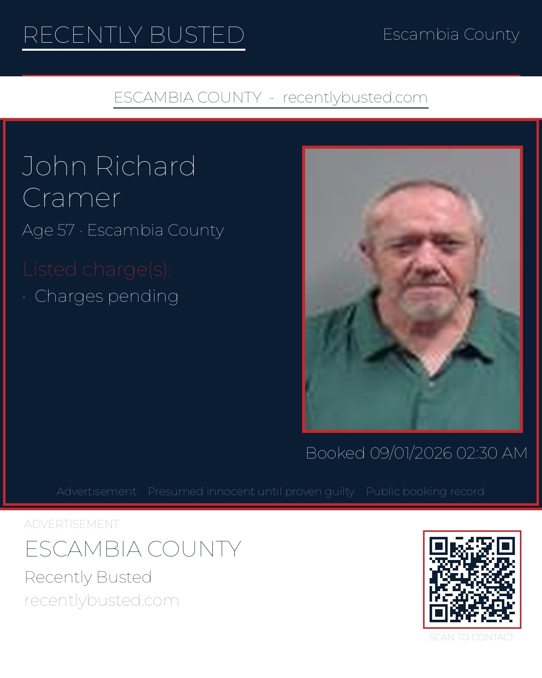 John Richard Cramer — arrest record card, Escambia County, Florida