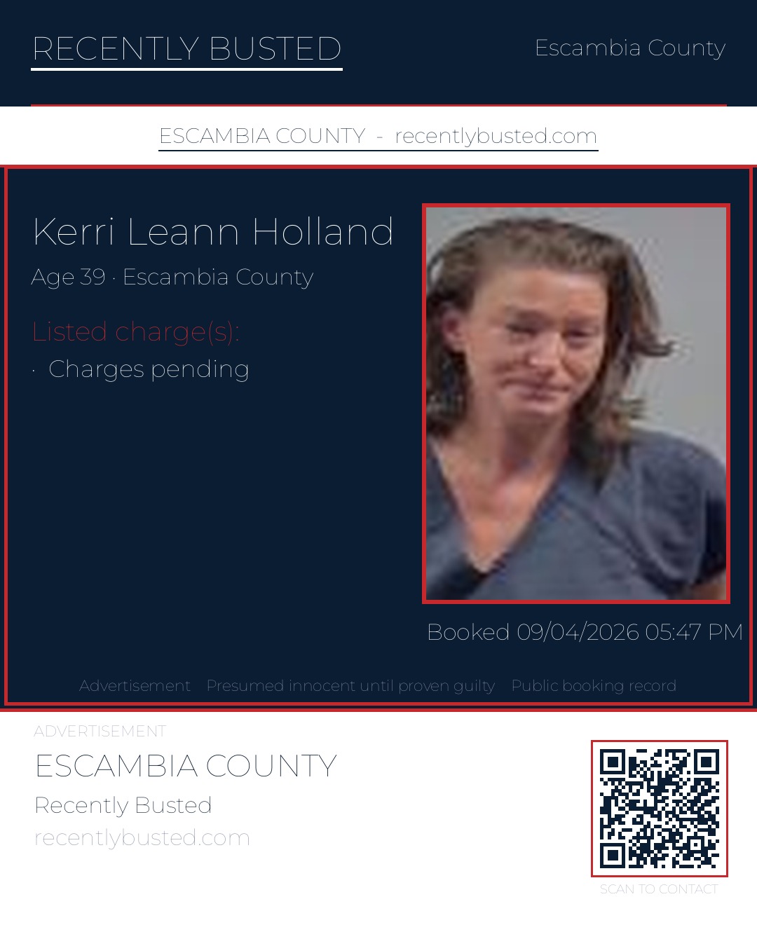 Kerri Leann Holland — arrest record card, Escambia County, Florida