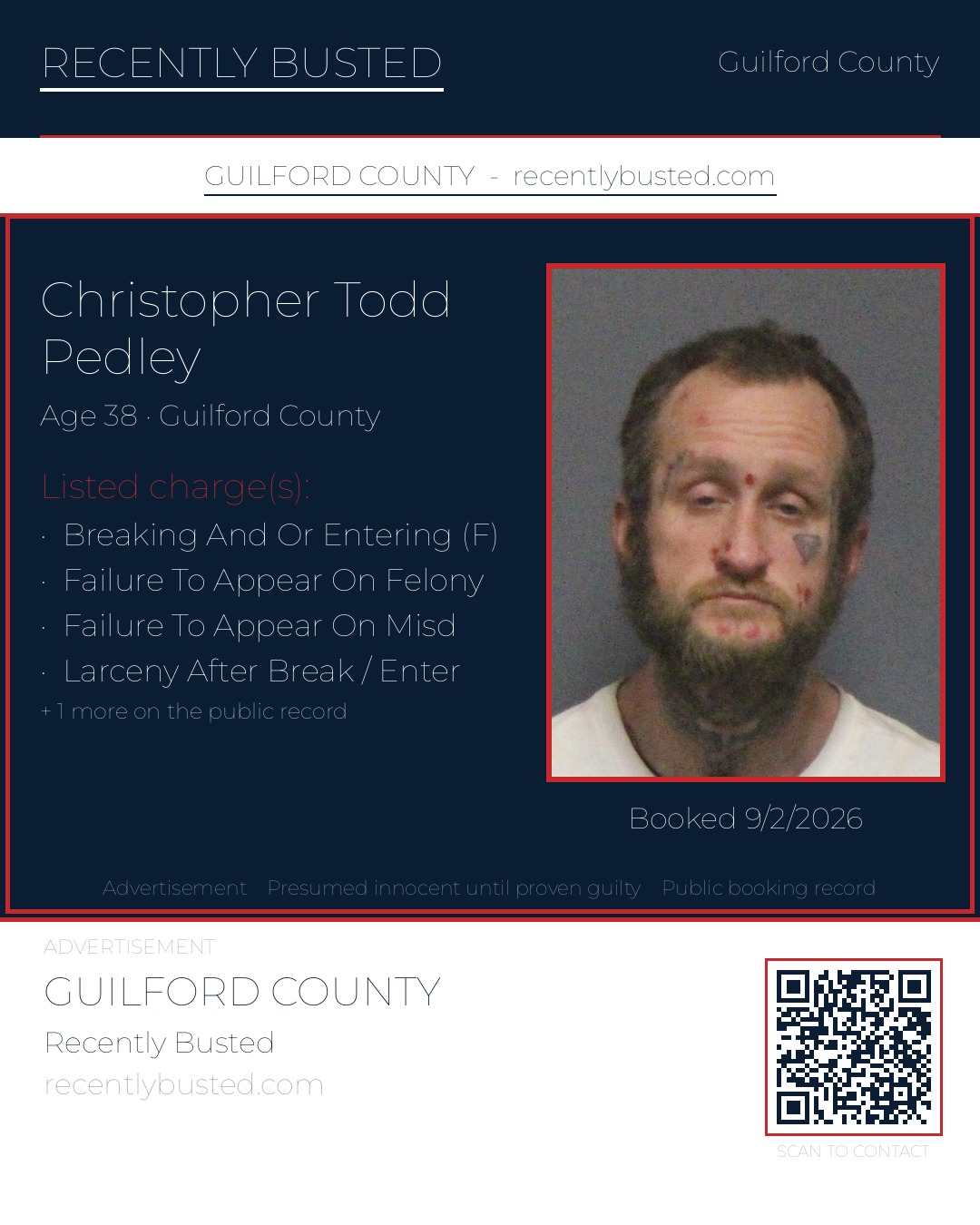 CHRISTOPHER TODD PEDLEY — arrest record card, Guilford County, North Carolina