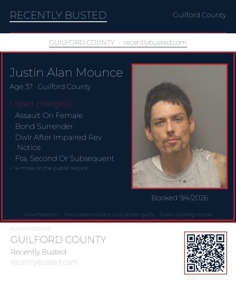 JUSTIN ALAN MOUNCE — arrest record card, Guilford County, North Carolina