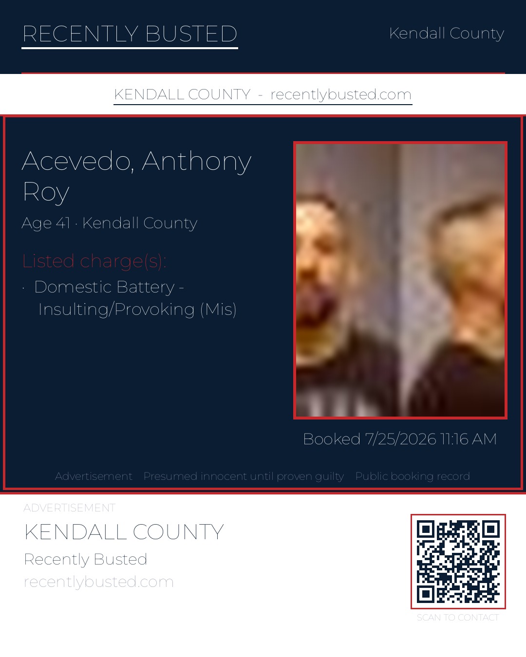 ACEVEDO, ANTHONY ROY — arrest record card, Kendall County, Texas