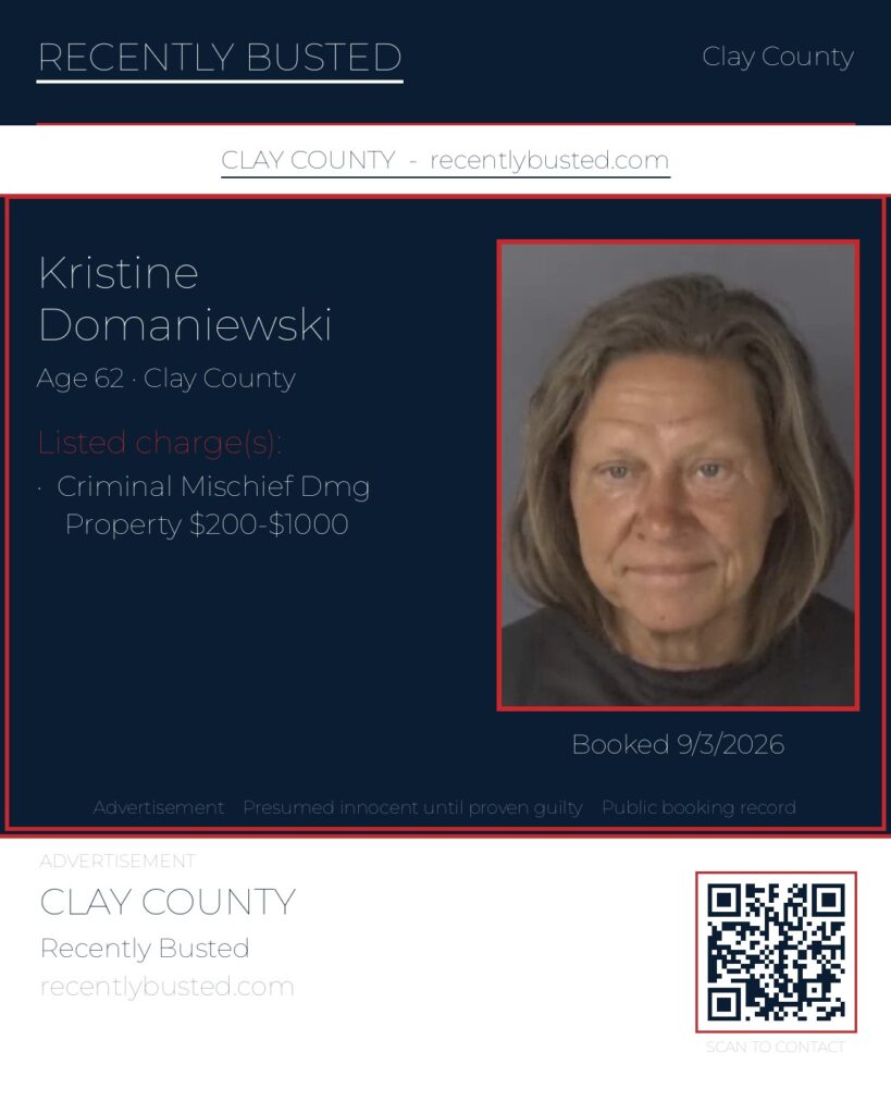 KRISTINE DOMANIEWSKI — arrest record card, Clay County, Florida