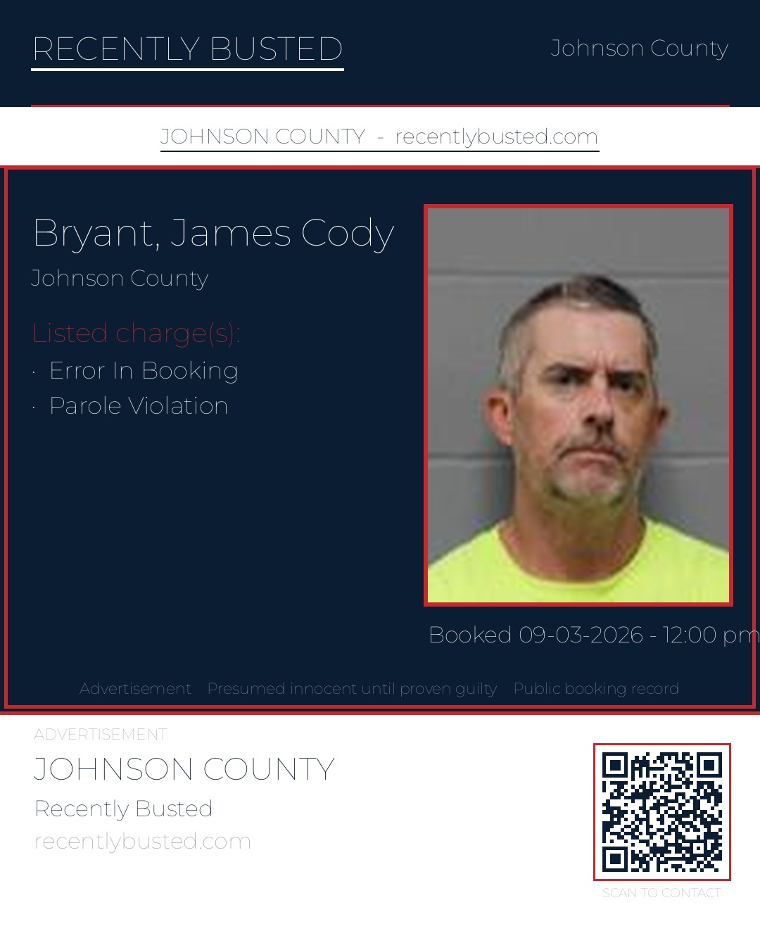 BRYANT, JAMES CODY — arrest record card, Johnson County, Missouri