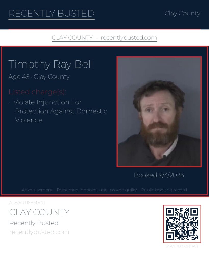 TIMOTHY RAY BELL — arrest record card, Clay County, Florida