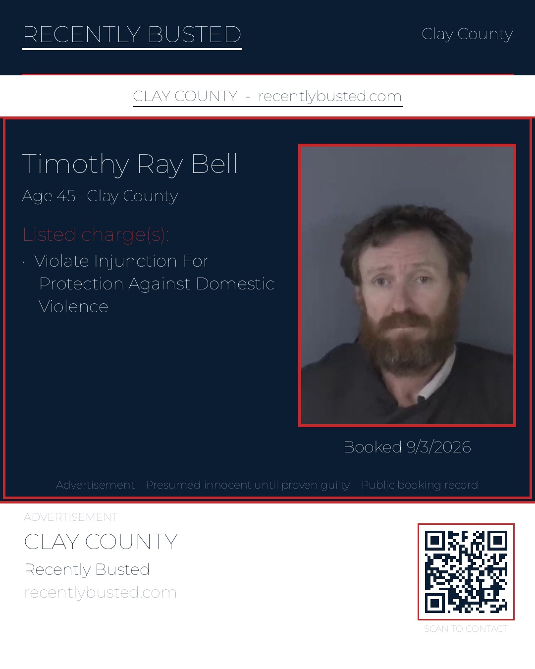 TIMOTHY RAY BELL — arrest record card, Clay County, Florida