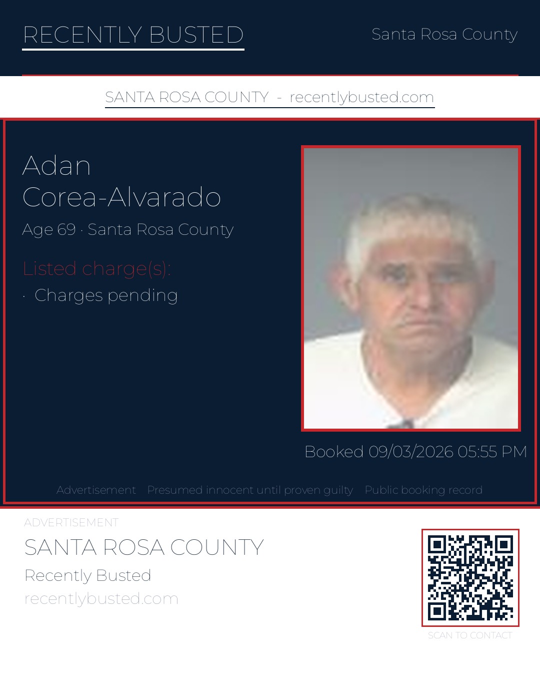 Adan Corea-Alvarado — arrest record card, Santa Rosa County, Florida