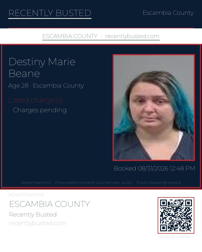 Destiny Marie Beane — arrest record card, Escambia County, Florida