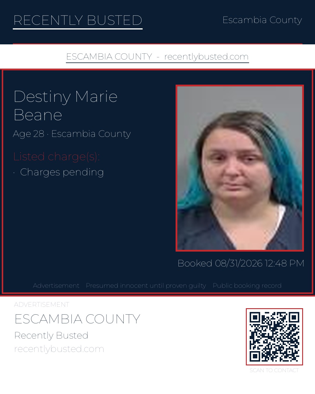 Destiny Marie Beane — arrest record card, Escambia County, Florida