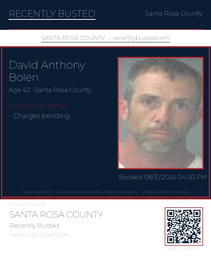 David Anthony Bolen — arrest record card, Santa Rosa County, Florida