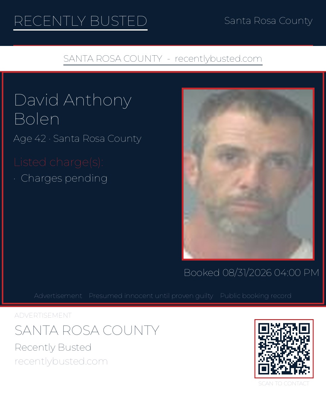 David Anthony Bolen — arrest record card, Santa Rosa County, Florida