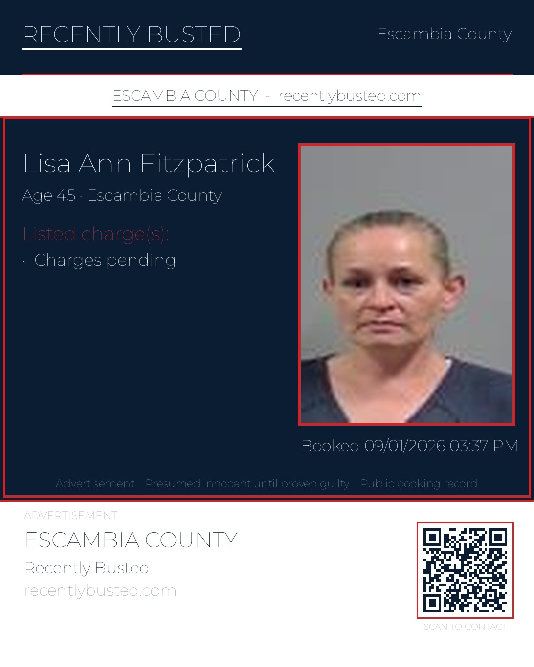 Lisa Ann Fitzpatrick — arrest record card, Escambia County, Florida
