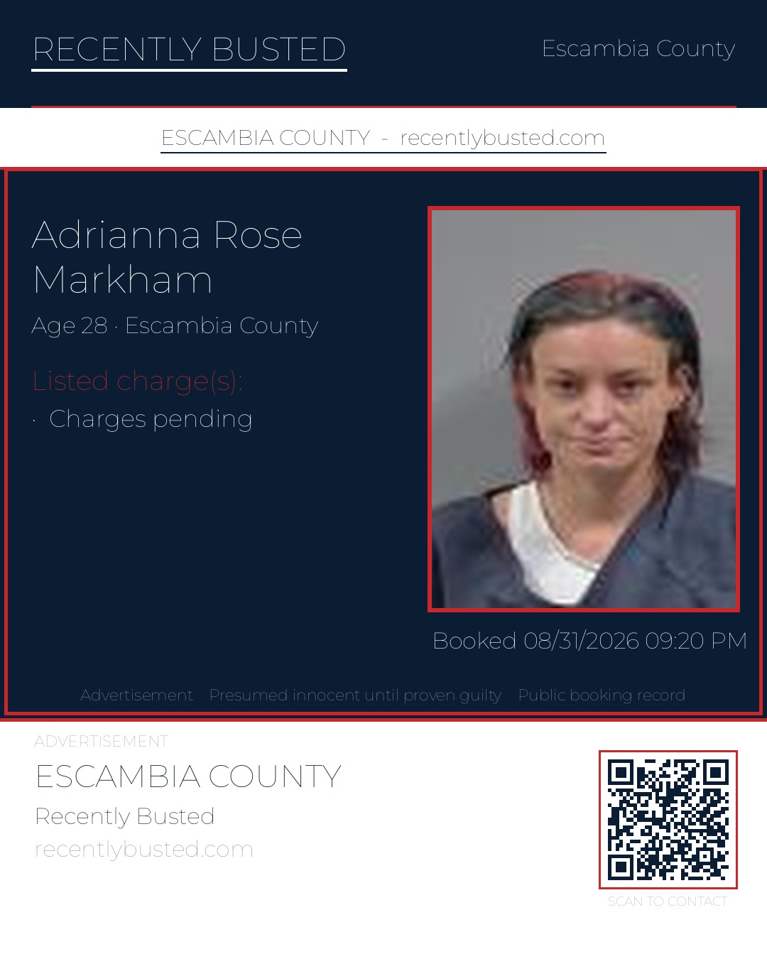 Adrianna Rose Markham — arrest record card, Escambia County, Florida
