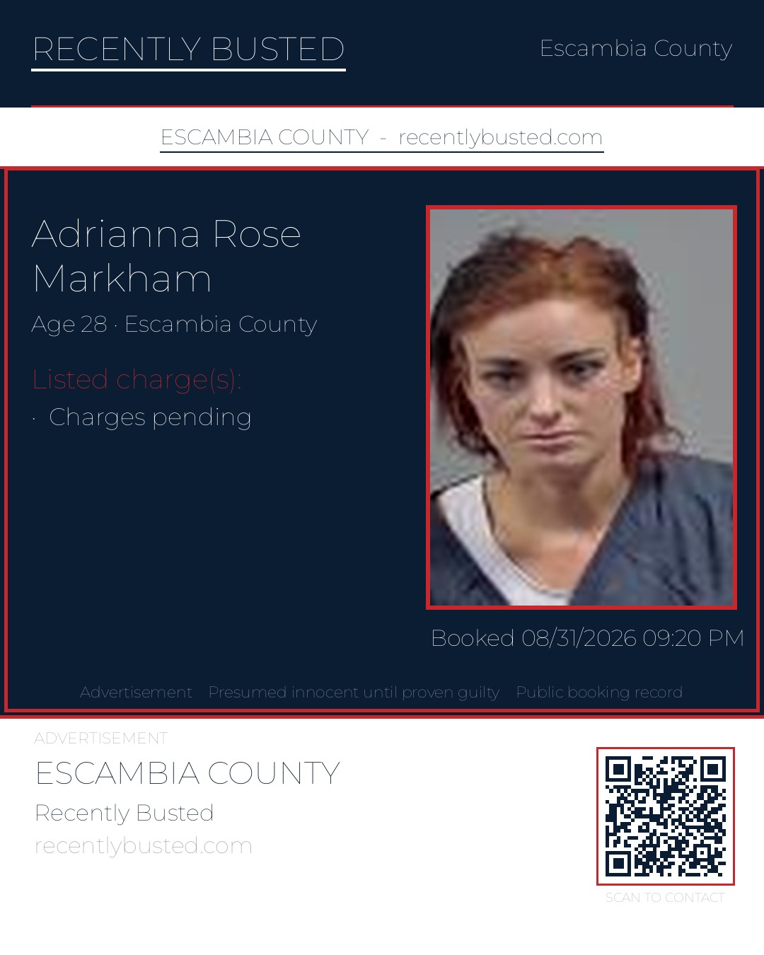 Adrianna Rose Markham — arrest record card, Escambia County, Florida