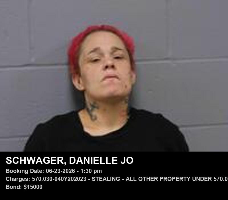 DANIELLE JO SCHWAGER — arrest record card, Johnson County, Missouri