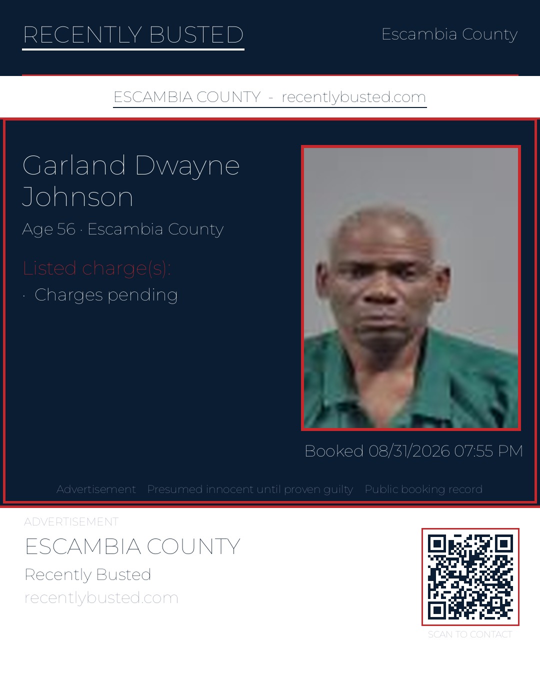 Garland Dwayne Johnson — arrest record card, Escambia County, Florida