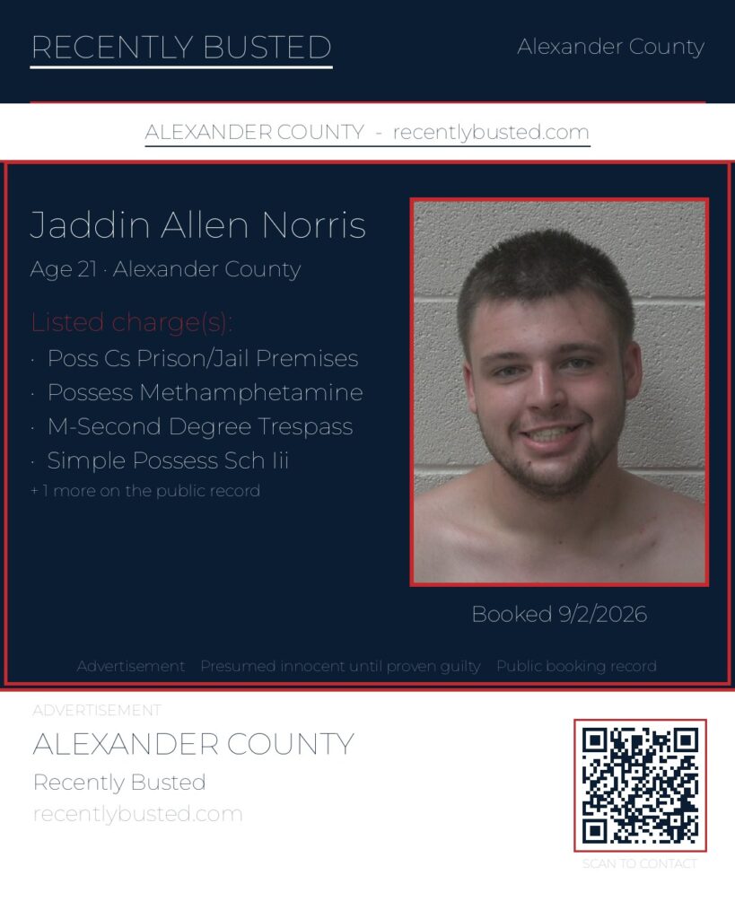 JADDIN ALLEN NORRIS — arrest record card, Alexander County, North Carolina