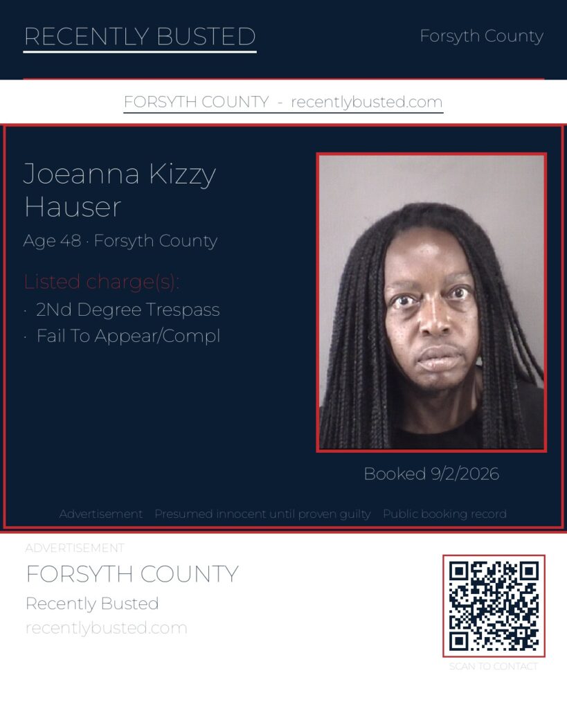 JOEANNA KIZZY HAUSER — arrest record card, Forsyth County, North Carolina