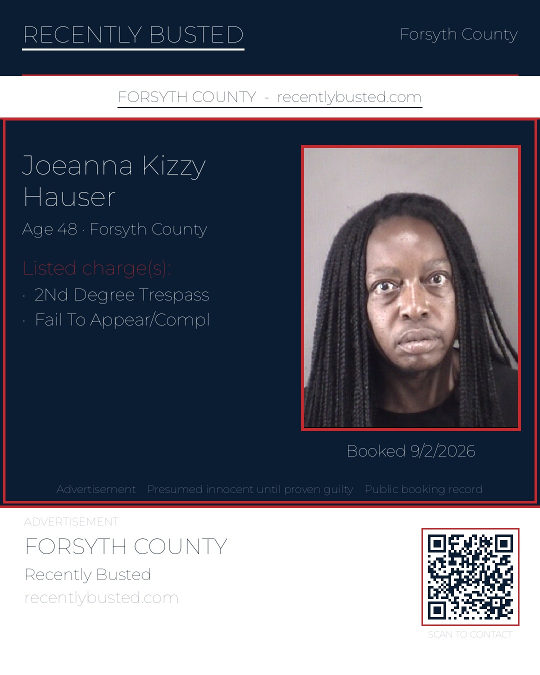 JOEANNA KIZZY HAUSER — arrest record card, Forsyth County, North Carolina