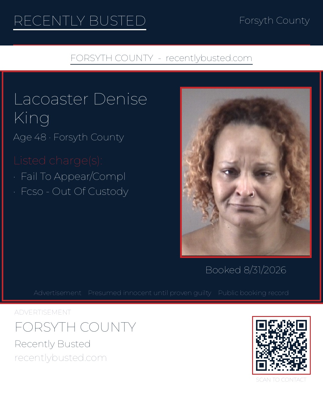 LACOASTER DENISE KING — arrest record card, Forsyth County, North Carolina